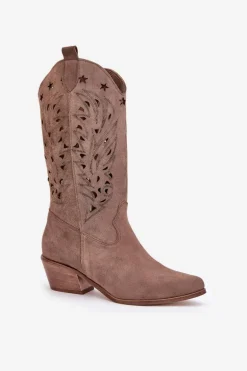 Zamszowe Kozaki Z Ażurową Cholewką Zazoo 3609 Brązowe