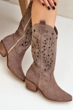 Zamszowe Kozaki Z Ażurową Cholewką Zazoo 3609 Brązowe