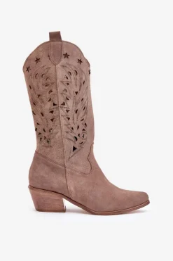 Zamszowe Kozaki Z Ażurową Cholewką Zazoo 3609 Brązowe