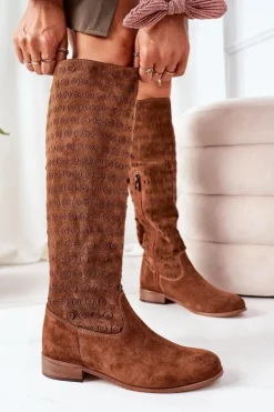 Zamszowe Kozaki Z Ażurowym Wzorem Brązowe Montana