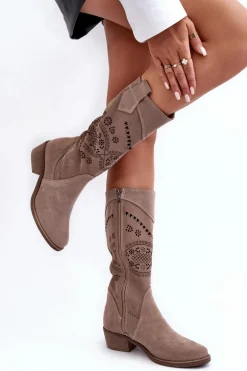 Zamszowe Kozaki Z Ażurowym Wzorem Cappuccino Sierra