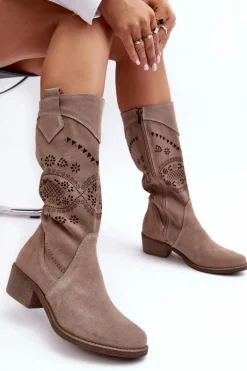 Zamszowe Kozaki Z Ażurowym Wzorem Cappuccino Sierra