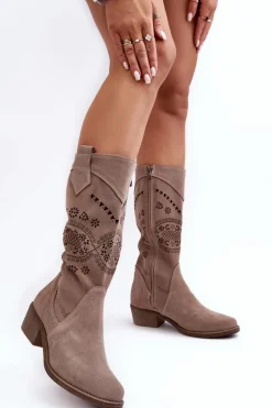 Zamszowe Kozaki Z Ażurowym Wzorem Cappuccino Sierra
