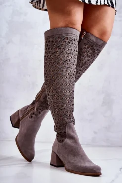 Zamszowe Kozaki Z Ażurowym Wzorem Szare Hekilea
