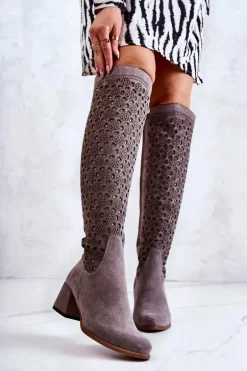 Zamszowe Kozaki Z Ażurowym Wzorem Szare Hekilea