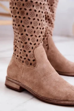 Zamszowe Kozaki Z Ażurowym Wzorem Beżowe Darnell