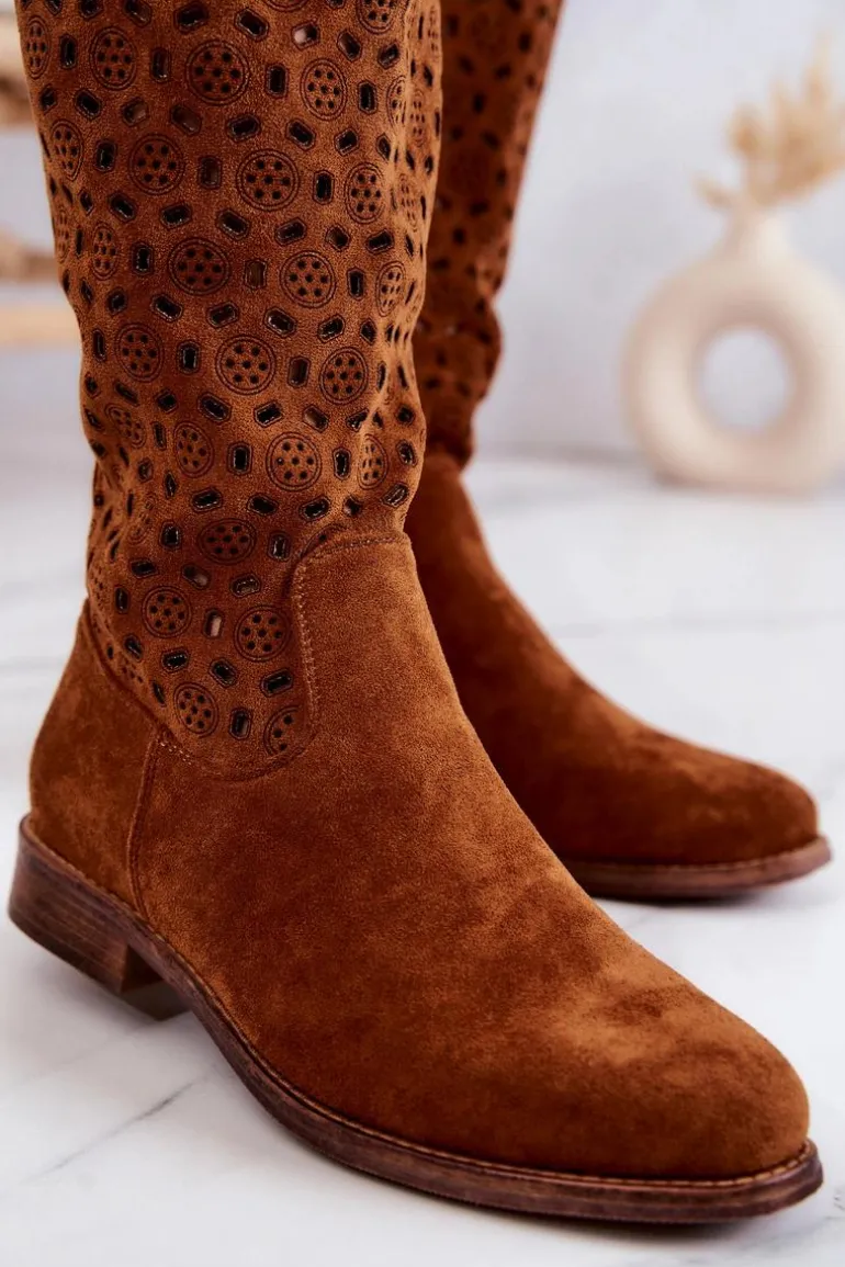 Zamszowe Kozaki Z Ażurowym Wzorem Camel Darnell
