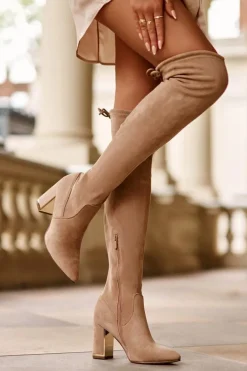 Zamszowe Kozaki Za Kolano Na Słupku Beżowe Amalitas