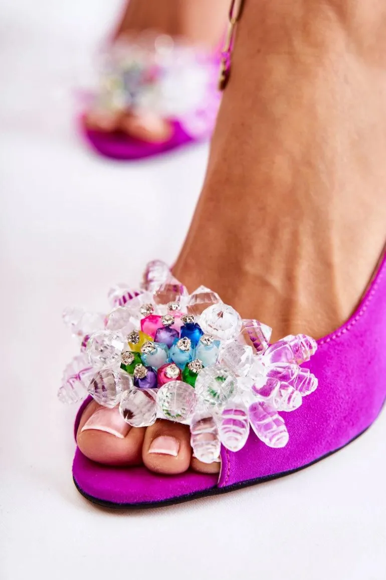 Zamszowe Modne Czółenka Sandały Z Ozdobą Fuksja Meriss