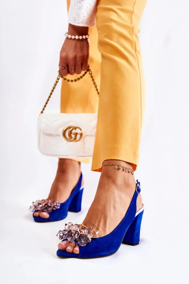 Zamszowe Modne Czółenka Sandały Z Kryształkami Granatowe Nolissa