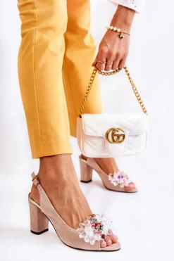 Zamszowe Modne Czółenka Sandały Z Ozdobą Beżowe Meriss