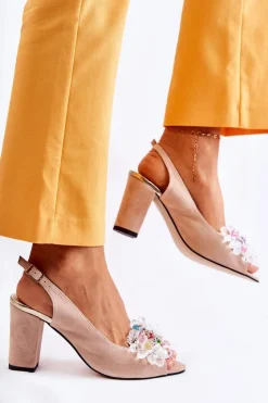 Zamszowe Modne Czółenka Sandały Z Ozdobą Beżowe Meriss