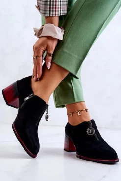 Zamszowe Modne Półbuty Na Słupku Czarno-Czerwone Lorena