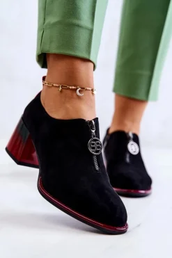 Zamszowe Modne Półbuty Na Słupku Czarno-Czerwone Lorena