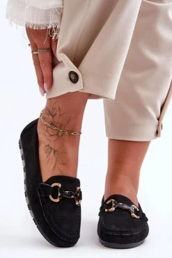 Zamszowe Mokasyny Damskie Z Ozdobą Czarne Dionira