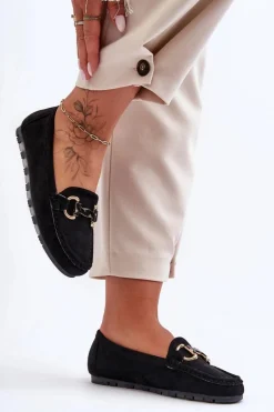 Zamszowe Mokasyny Damskie Z Ozdobą Czarne Dionira