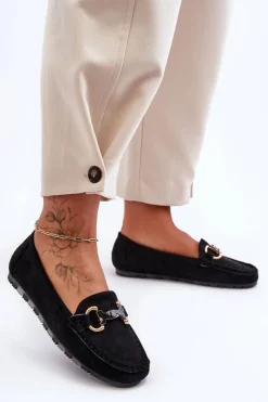 Zamszowe Mokasyny Damskie Z Ozdobą Czarne Dionira