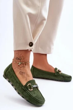 Zamszowe Mokasyny Damskie Z Ozdobą Zielone Dionira