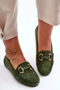 Zamszowe Mokasyny Damskie Z Ozdobą Zielone Dionira