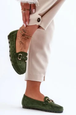 Zamszowe Mokasyny Damskie Z Ozdobą Zielone Dionira