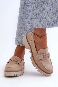 Zamszowe Mokasyny Damskie Z Ozdobą D&A TW117 Beżowe