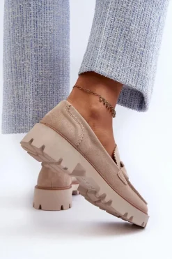 Zamszowe Mokasyny Damskie Z Ozdobą D&A TW117 Beżowe