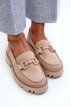 Zamszowe Mokasyny Damskie Z Ozdobą D&A TW117 Beżowe