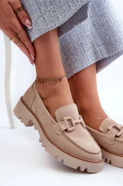 Zamszowe Mokasyny Damskie Z Ozdobą D&A TW117 Beżowe