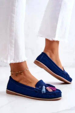 Zamszowe Mokasyny Damskie Z Frędzlami Granatowe Laressa