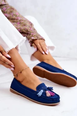 Zamszowe Mokasyny Damskie Z Frędzlami Granatowe Laressa