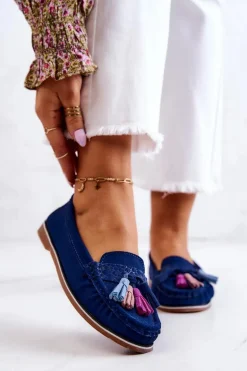 Zamszowe Mokasyny Damskie Z Frędzlami Granatowe Laressa