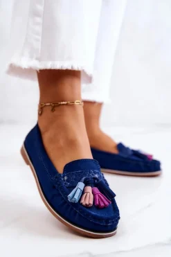 Zamszowe Mokasyny Damskie Z Frędzlami Granatowe Laressa