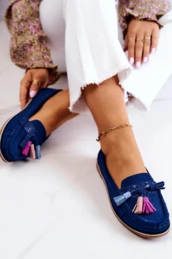 Zamszowe Mokasyny Damskie Z Frędzlami Granatowe Laressa