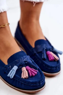Zamszowe Mokasyny Damskie Z Frędzlami Granatowe Laressa