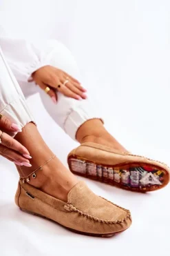 Zamszowe Mokasyny Damskie Ciemnobeżowe Millare