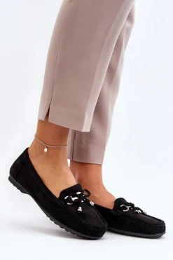 Zamszowe Mokasyny Damskie Ozdobą Czarne Daphikaia