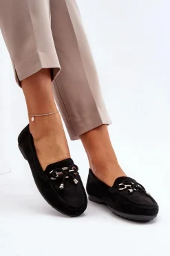 Zamszowe Mokasyny Damskie Ozdobą Czarne Daphikaia