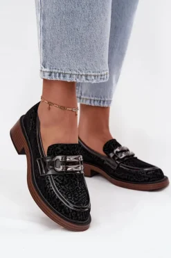 Zamszowe Mokasyny Damskie Z Ozdobą D&A MR52-176 Czarne