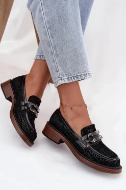 Zamszowe Mokasyny Damskie Z Ozdobą D&A MR52-176 Czarne