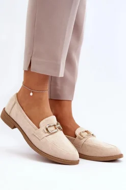 Zamszowe Mokasyny Damskie Na Płaskim Obcasie Beżowe Misal