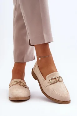 Zamszowe Mokasyny Damskie Na Płaskim Obcasie Beżowe Misal