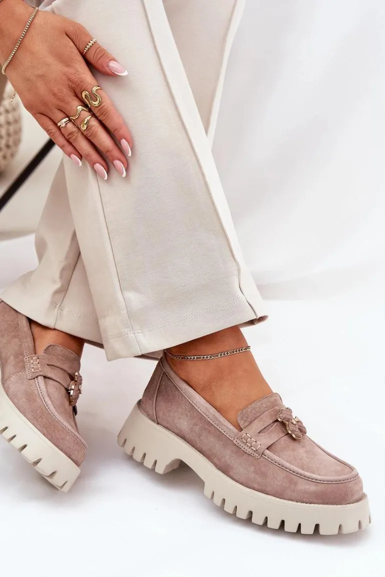 Zamszowe Mokasyny Damskie Z Przypinką Miś Vinceza 79533 Beżowe