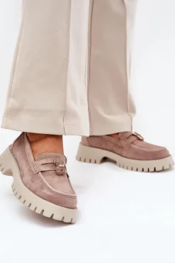 Zamszowe Mokasyny Damskie Z Przypinką Miś Vinceza 79533 Beżowe