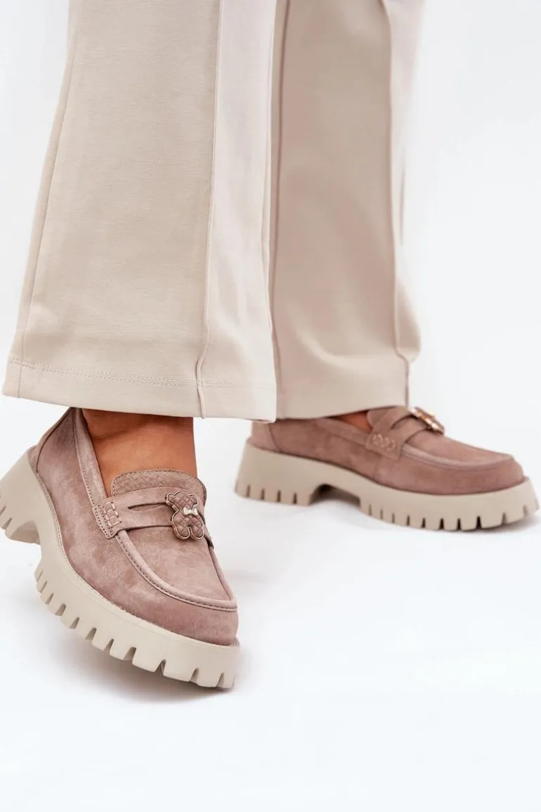 Zamszowe Mokasyny Damskie Z Przypinką Miś Vinceza 79533 Beżowe