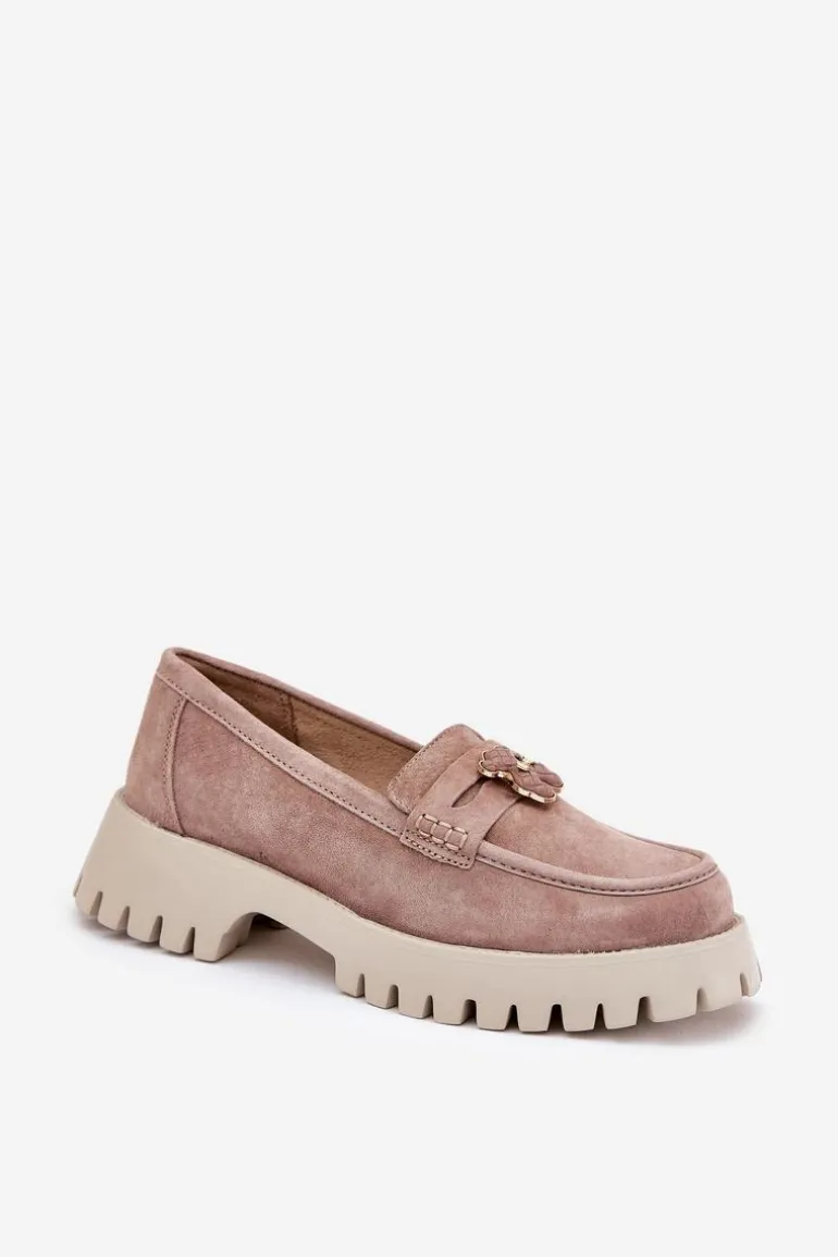 Zamszowe Mokasyny Damskie Z Przypinką Miś Vinceza 79533 Beżowe