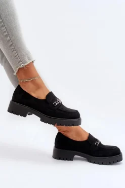 Zamszowe Mokasyny Damskie Z Ozdobą Czarne Loraleima