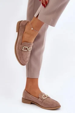 Zamszowe Mokasyny Damskie Na Płaskim Obcasie Ciemnobeżowe Misal