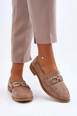 Zamszowe Mokasyny Damskie Na Płaskim Obcasie Ciemnobeżowe Misal