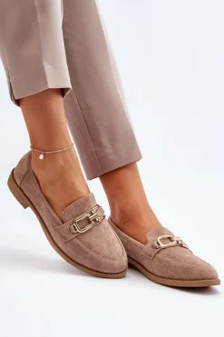 Zamszowe Mokasyny Damskie Na Płaskim Obcasie Ciemnobeżowe Misal