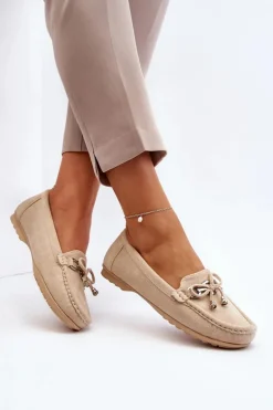Zamszowe Mokasyny Damskie Ozdobą Beżowe Daphikaia